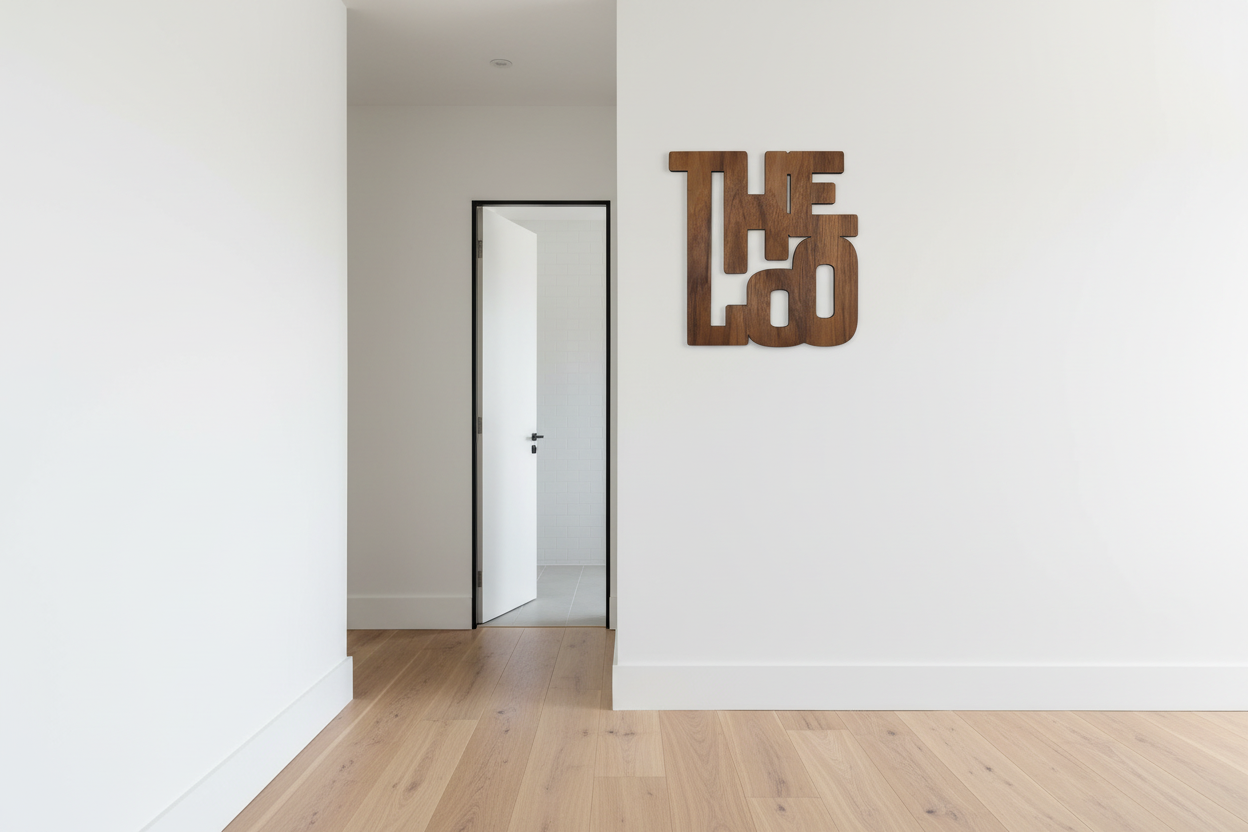The Loo walnut bathroom sign handcrafted in UK