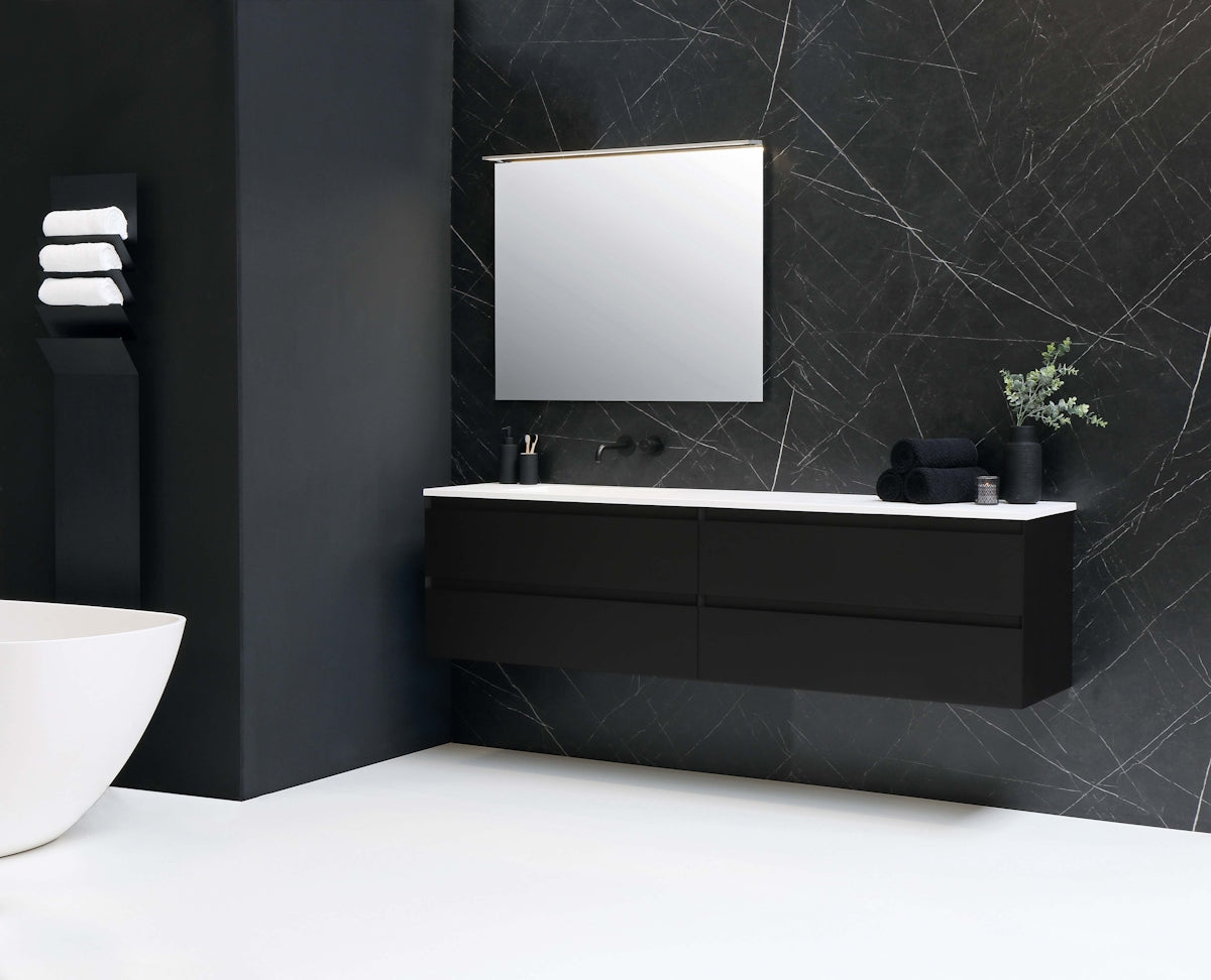 Minimalist black stone texture acrylic bathroom sign mounted on a clean white wall