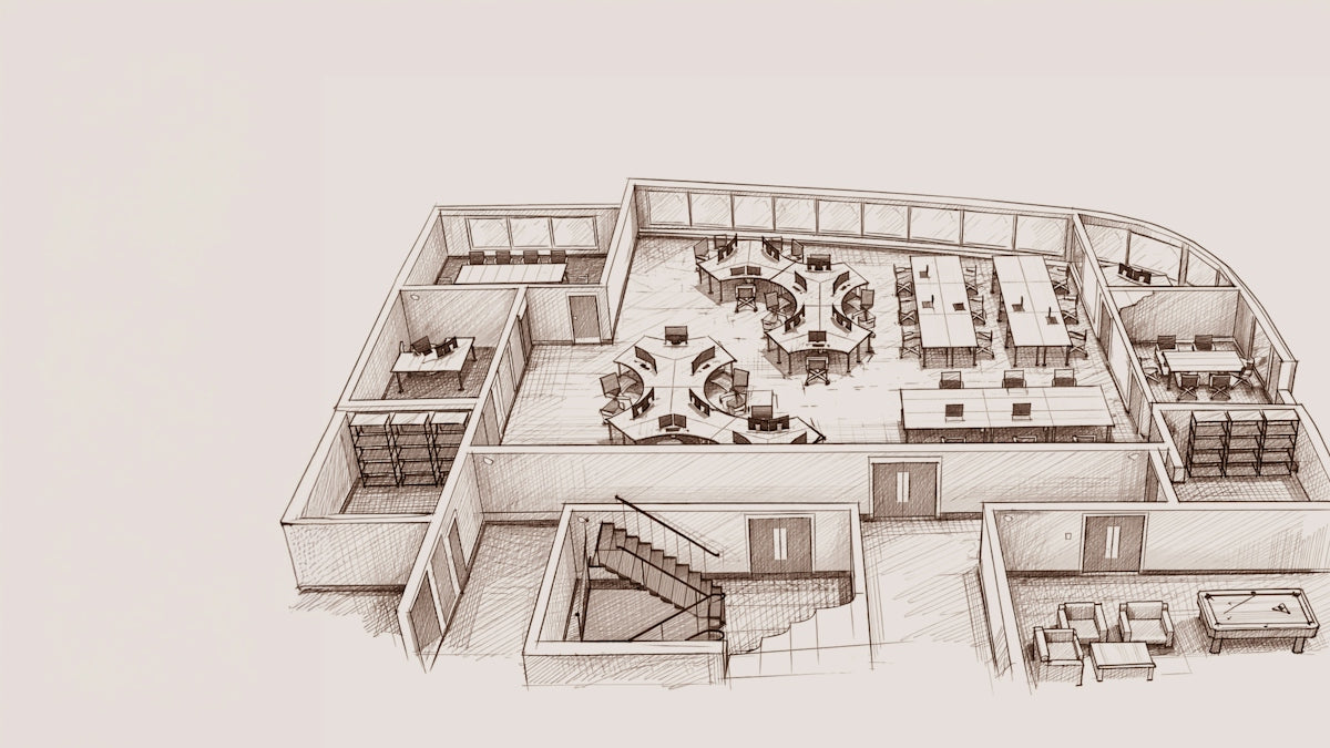 Architectural drawing of a modern office interior layout