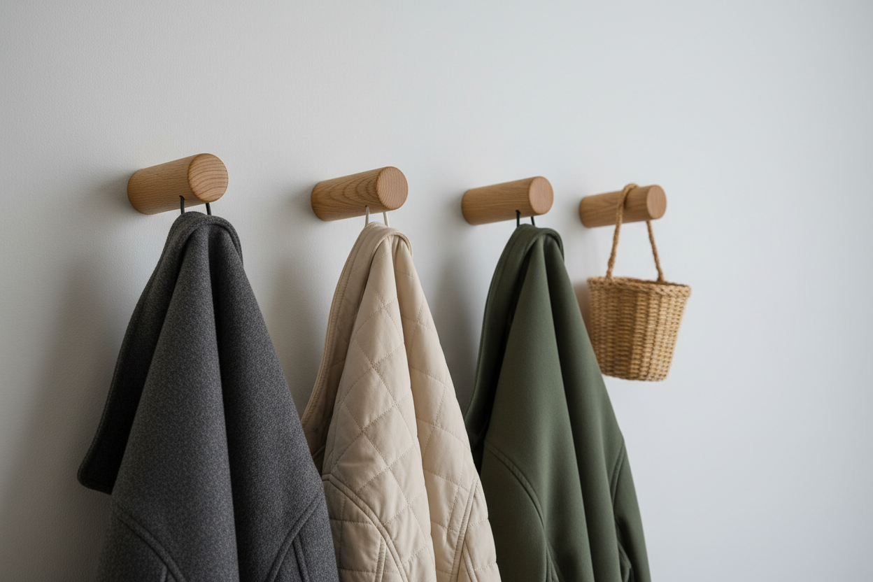Row of solid oak wall hooks on a pale Scandinavian wall with warm honey-gold grain