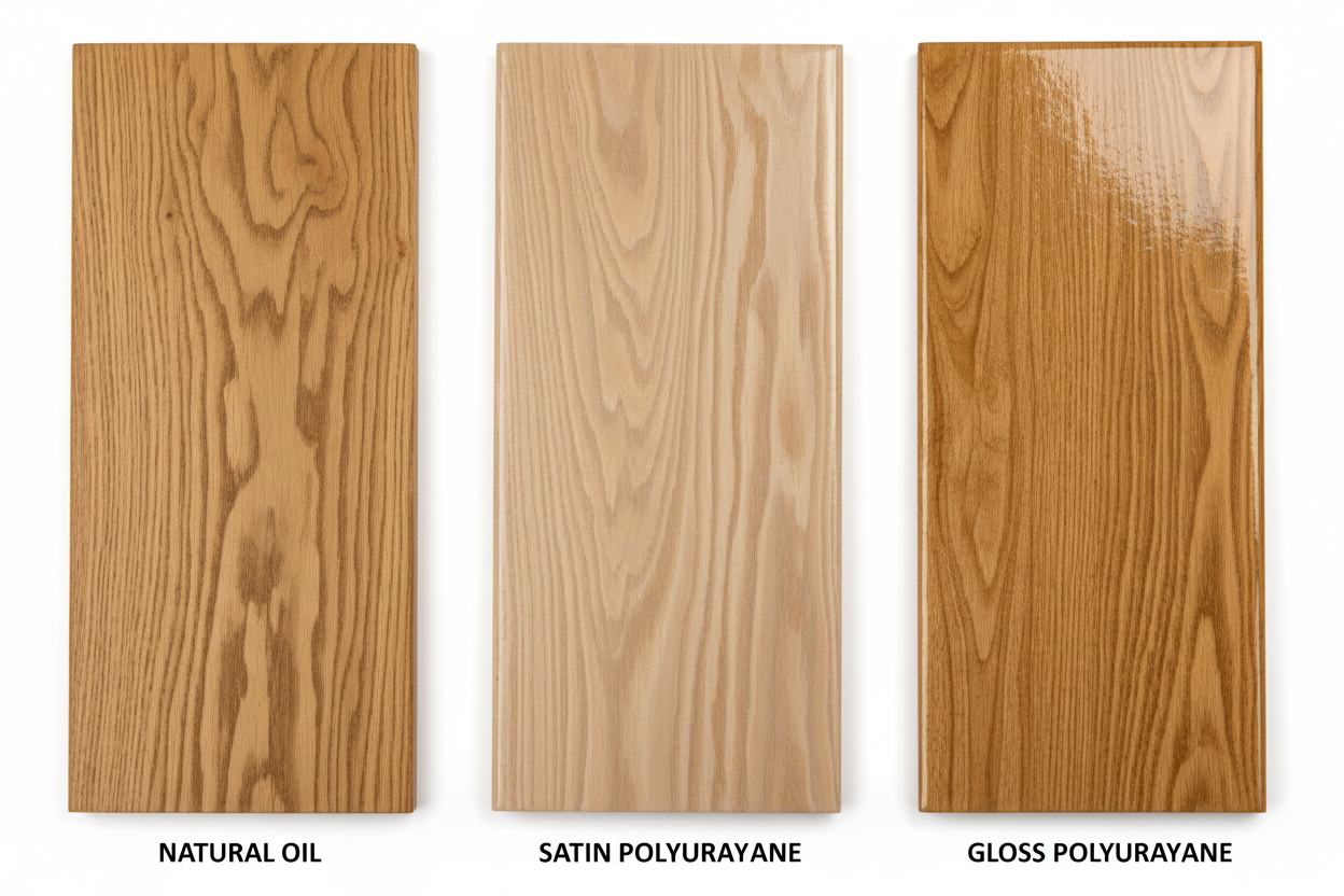 Side-by-side comparison of different wood finishes on hardwood samples showing finish characteristics