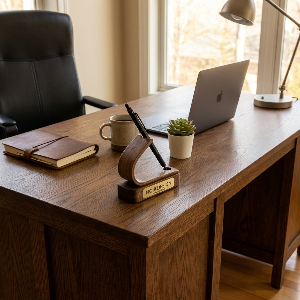 Desk organisation with luxury wooden pen holder