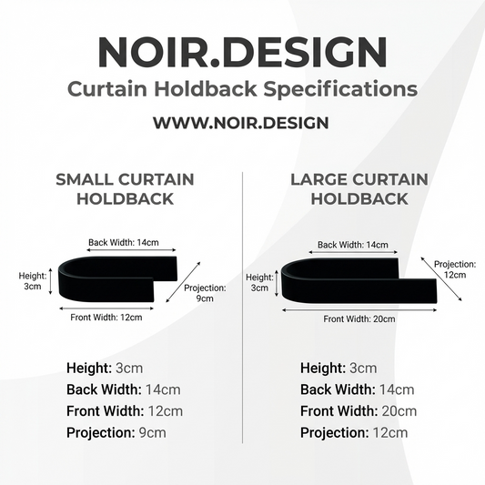 NOIR DESIGN curtain holdback specifications chart on a white background