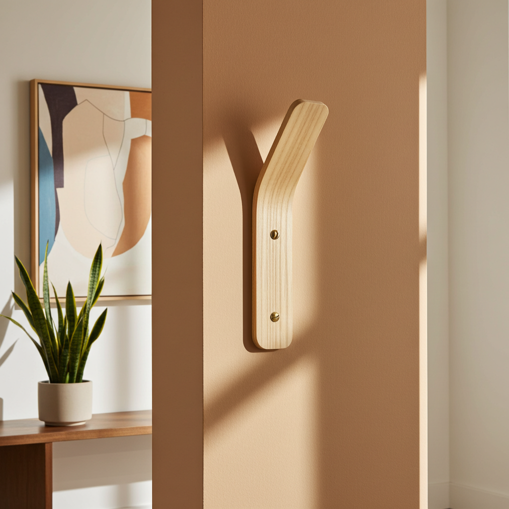 Wooden wall hook on a beige wall with abstract art and a plant in the background