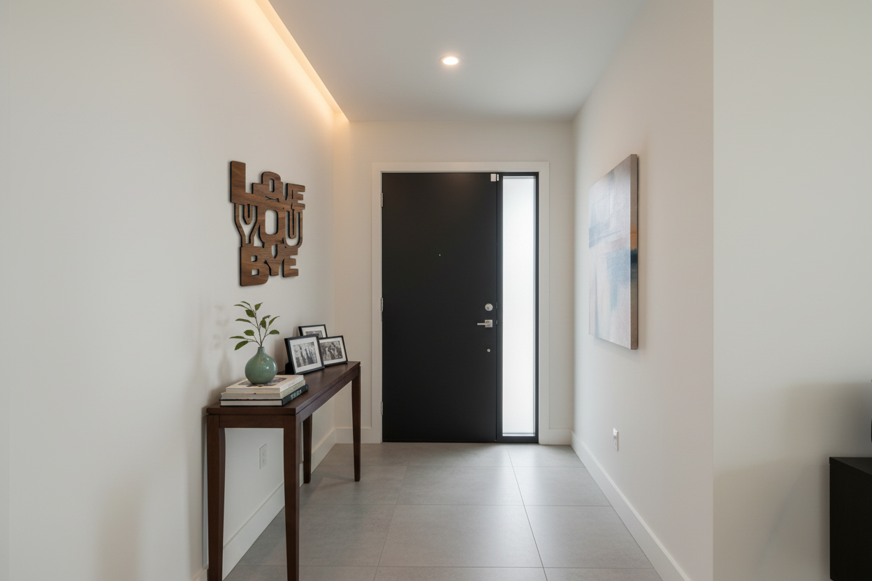 Contemporary hallway love you bye sign near the exit