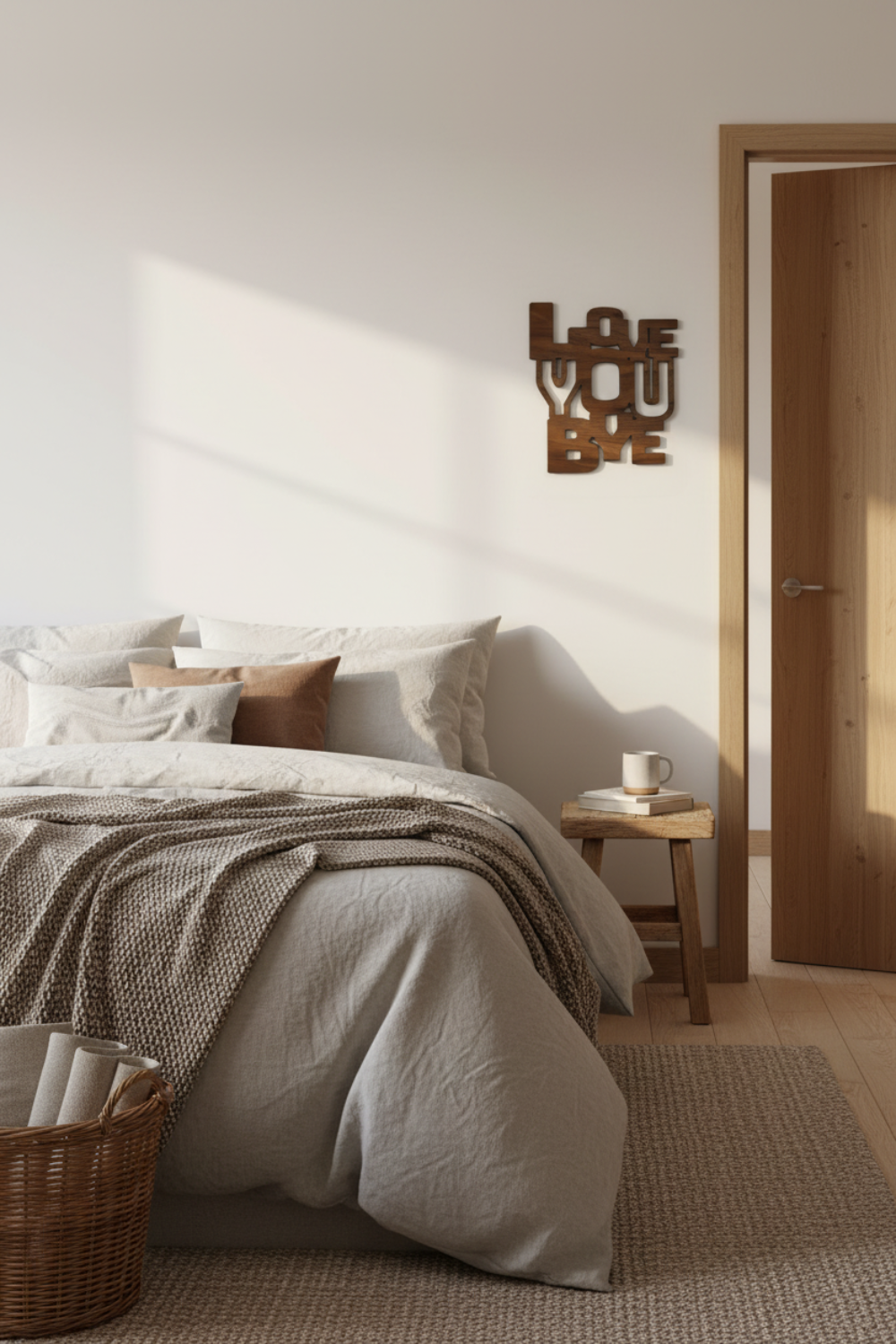 Cozy bedroom love you bye sign next to the doot