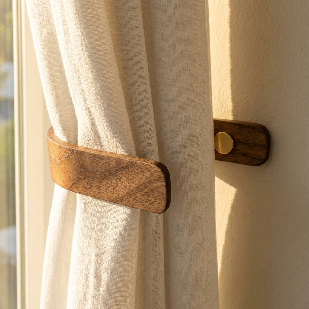 Wooden curtain holder on a beige curtain with a neutral background