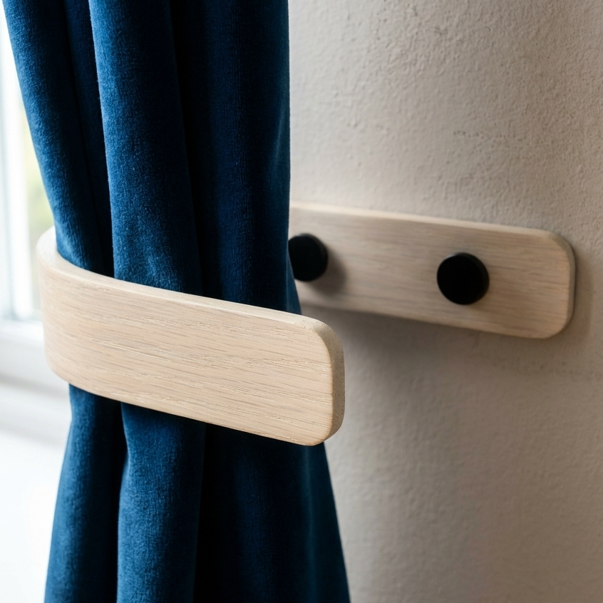 Wooden curtain holder holding a blue curtain against a white wall.