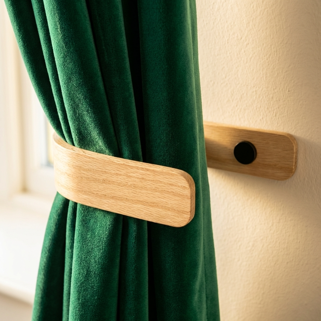 Green curtain with a wooden tie-back against a neutral wall