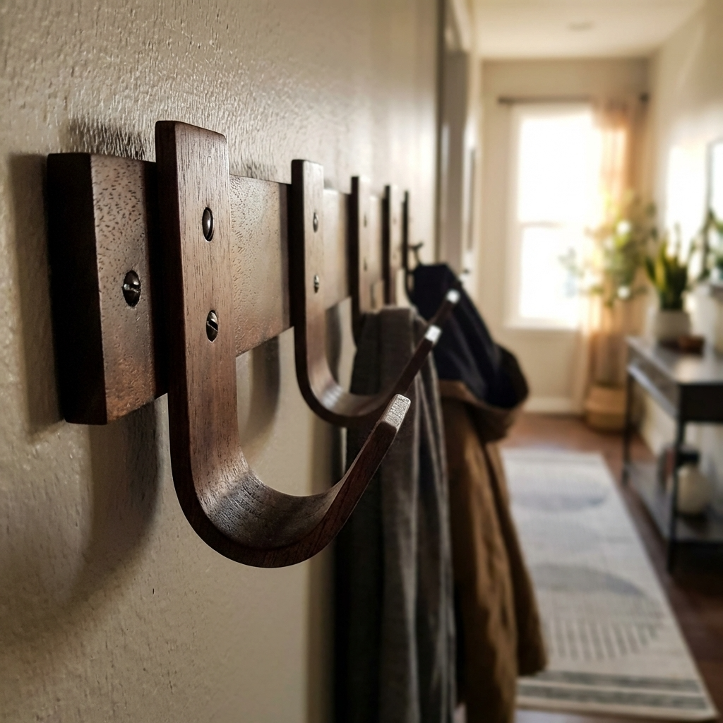 Hallway setup with walnut steam-bent coat rack