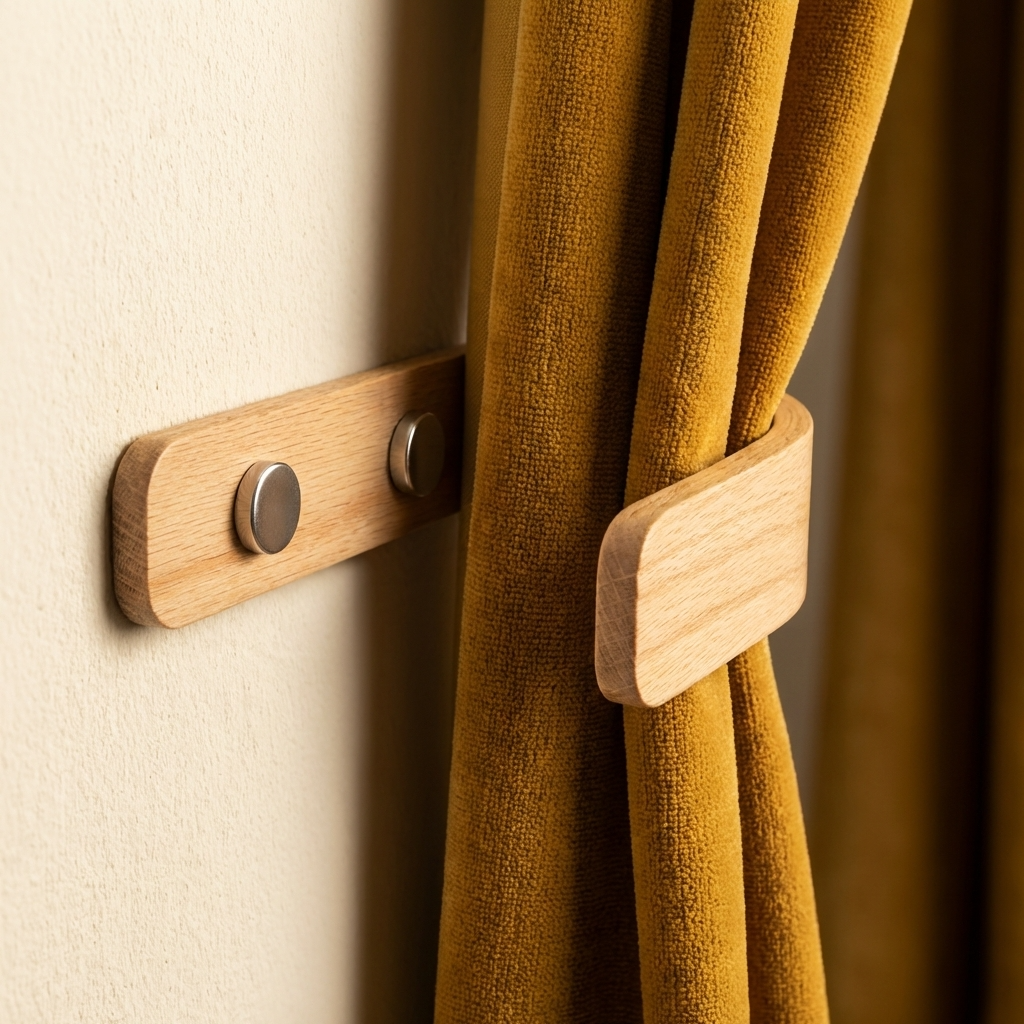 Wooden curtain tieback holding a mustard yellow curtain against a beige wall.