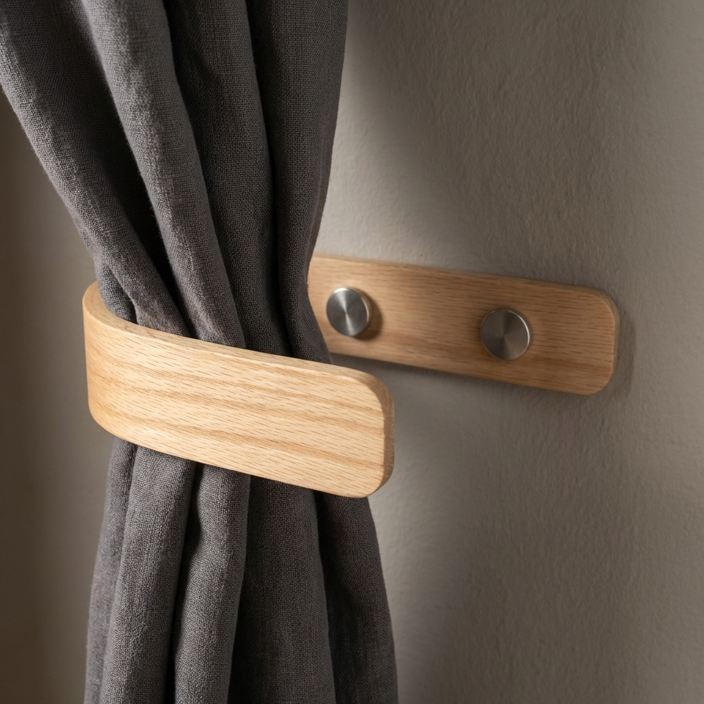 Wooden curtain tiebacks on a gray curtain against a beige wall.