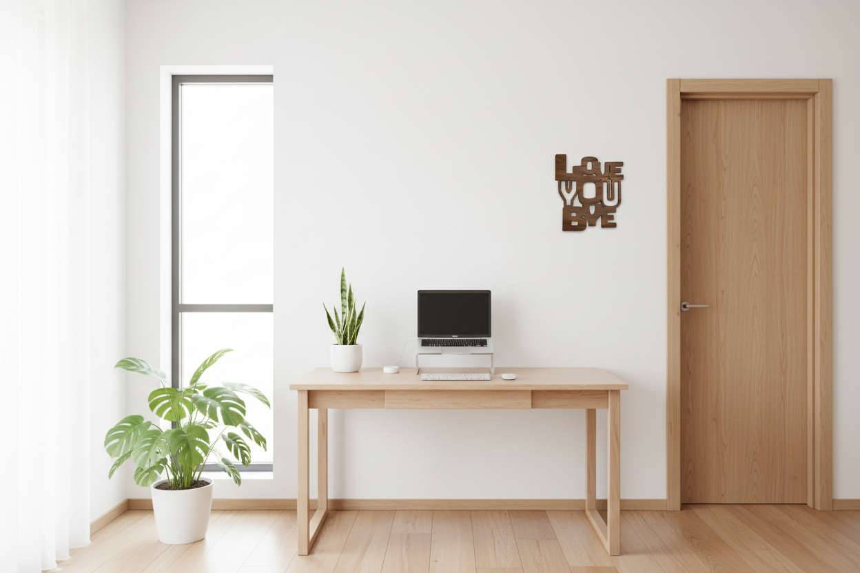 Home office love you bye sign on the wall nest to the exit