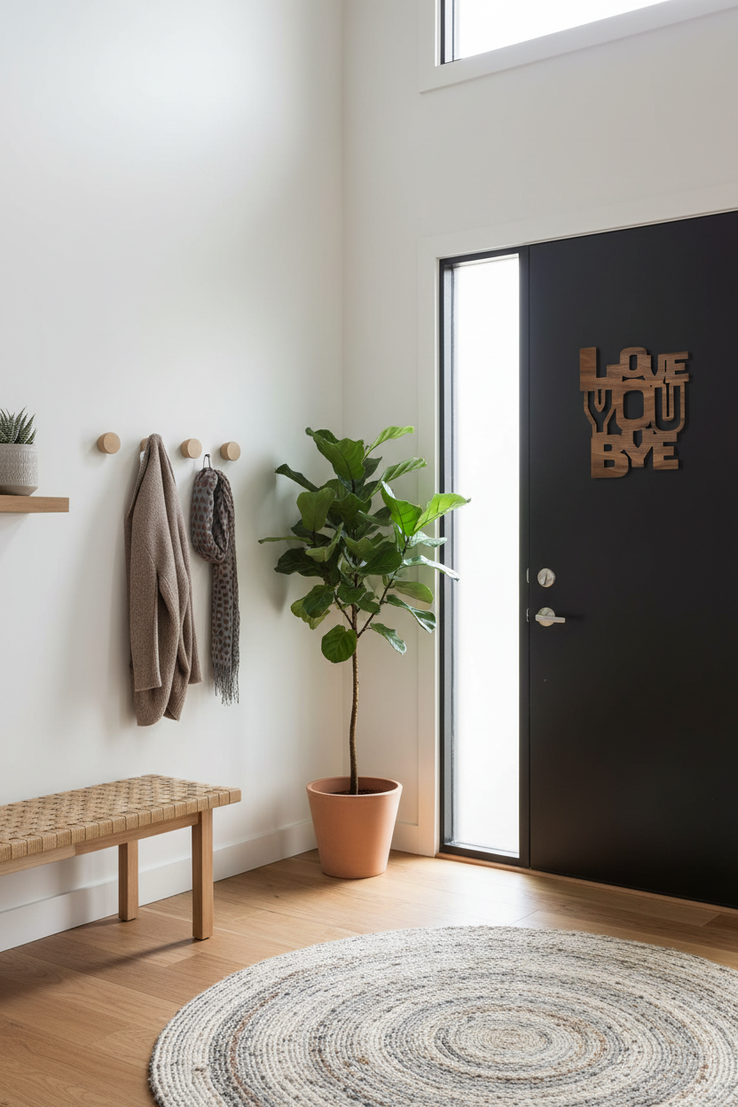 Scandinavian entryway with love you bye sign on the exit door