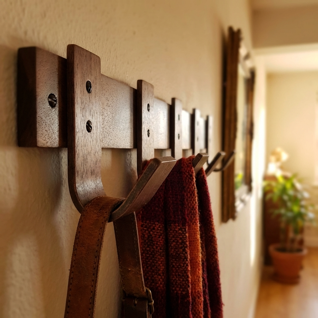 Full view of all five coat hooks and key holder