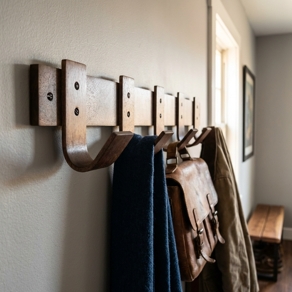 Wooden coat rack with hooks holding coats against a wall.