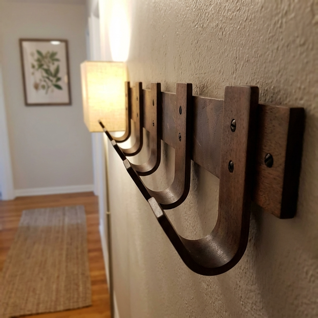 Side view showing curve of steam-bent walnut rack