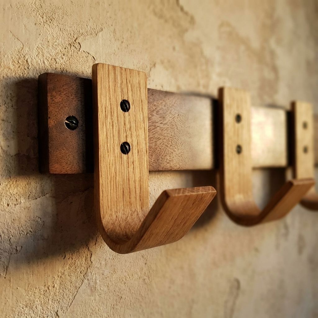 Hallway setup with walnut coat rack and oak hooks