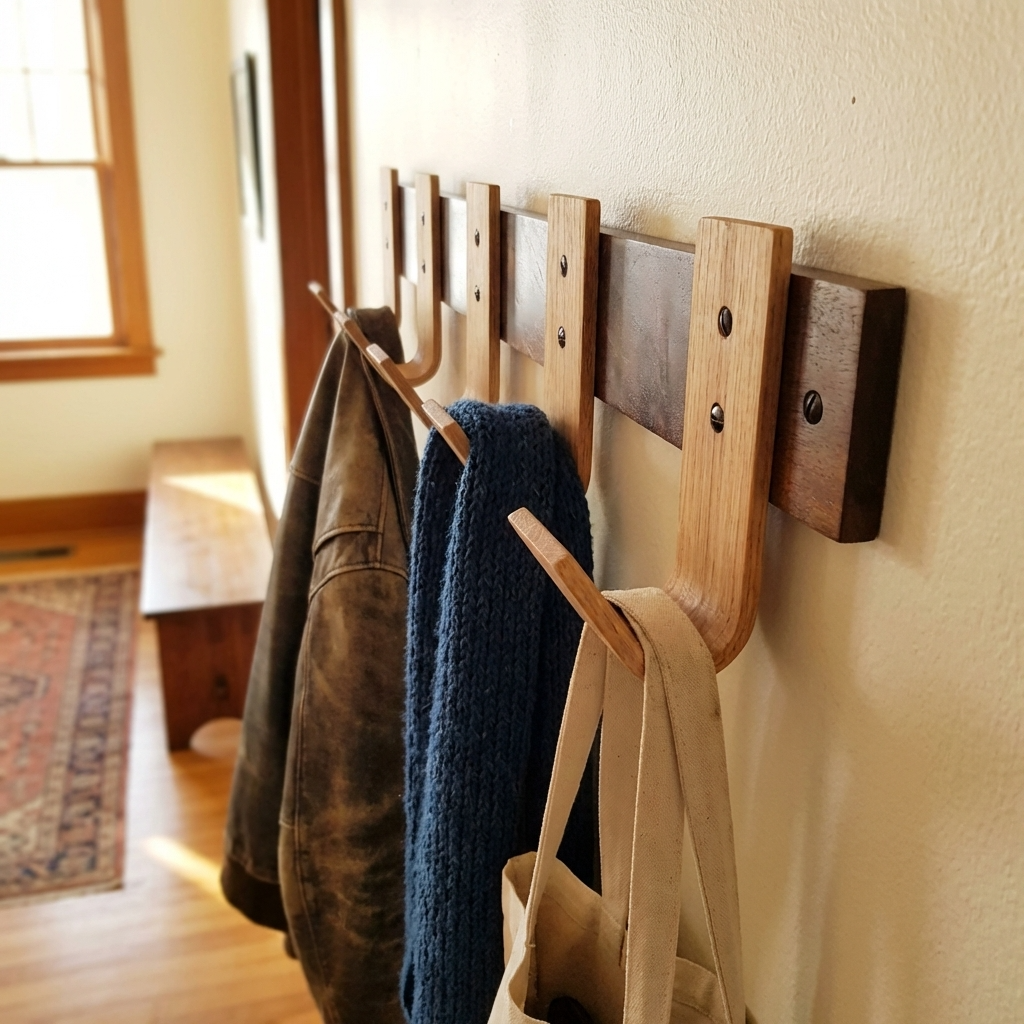 Modern entryway featuring walnut coat rack with oak hooks