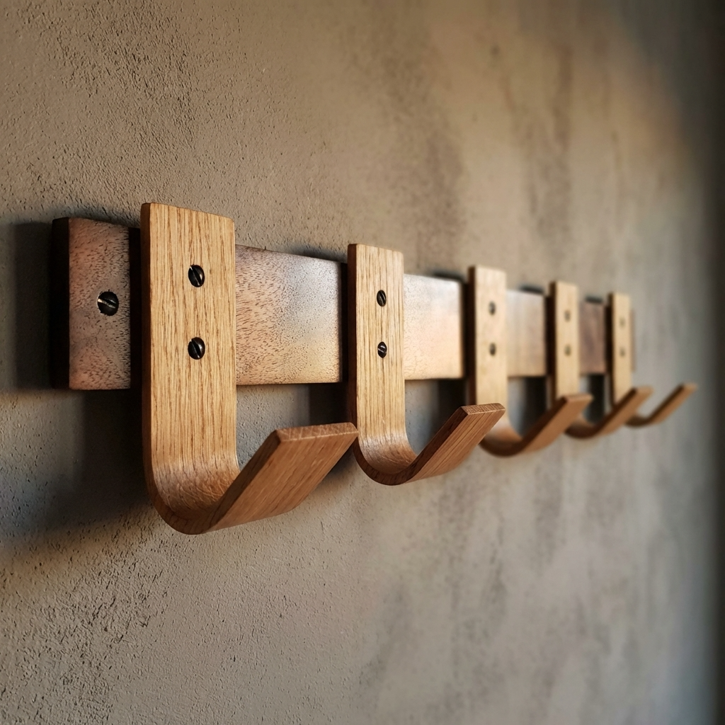 Mudroom with wall-mounted walnut coat rack and oak hooks