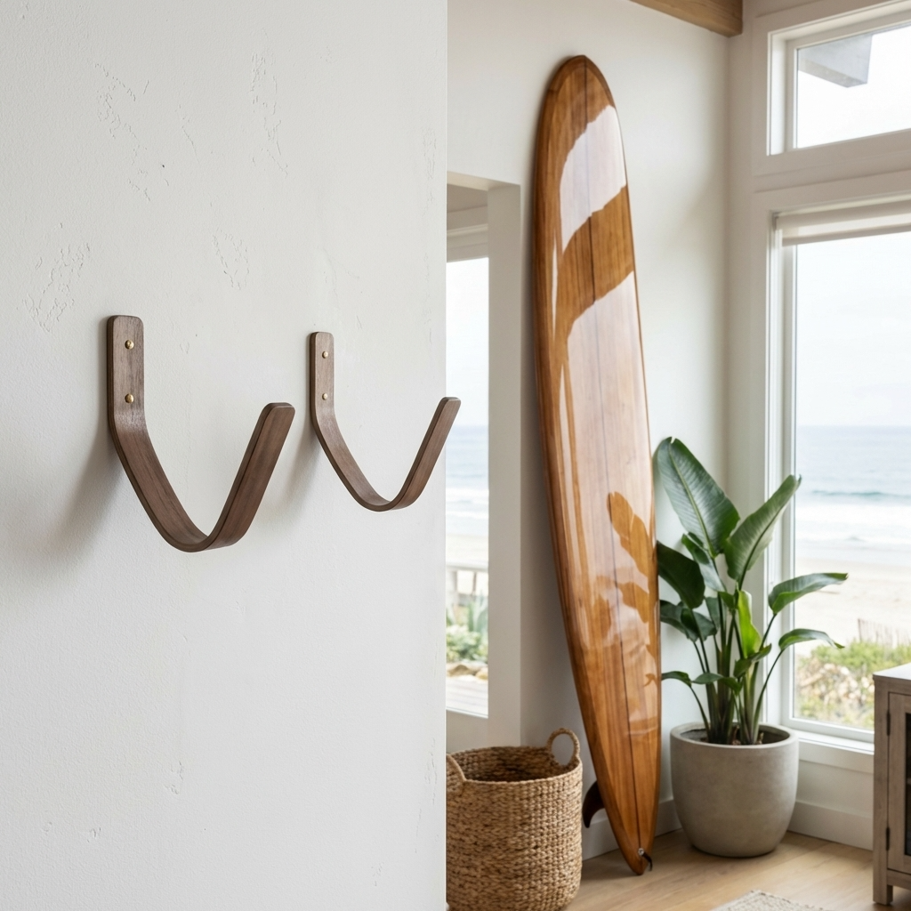 walnut surfboard wall storage rack for clean modern interiors