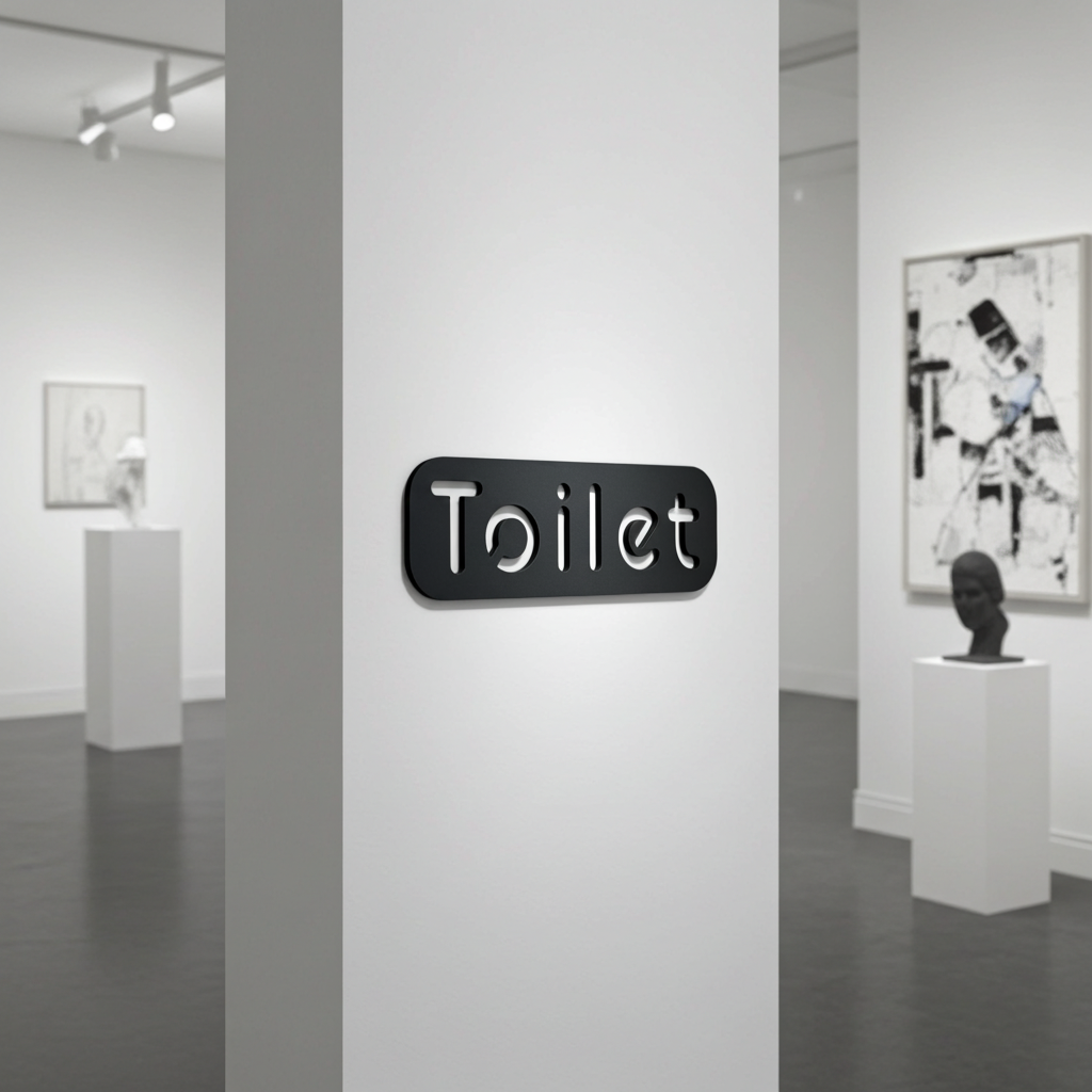 Art gallery with 'Toilet' sign on a wall