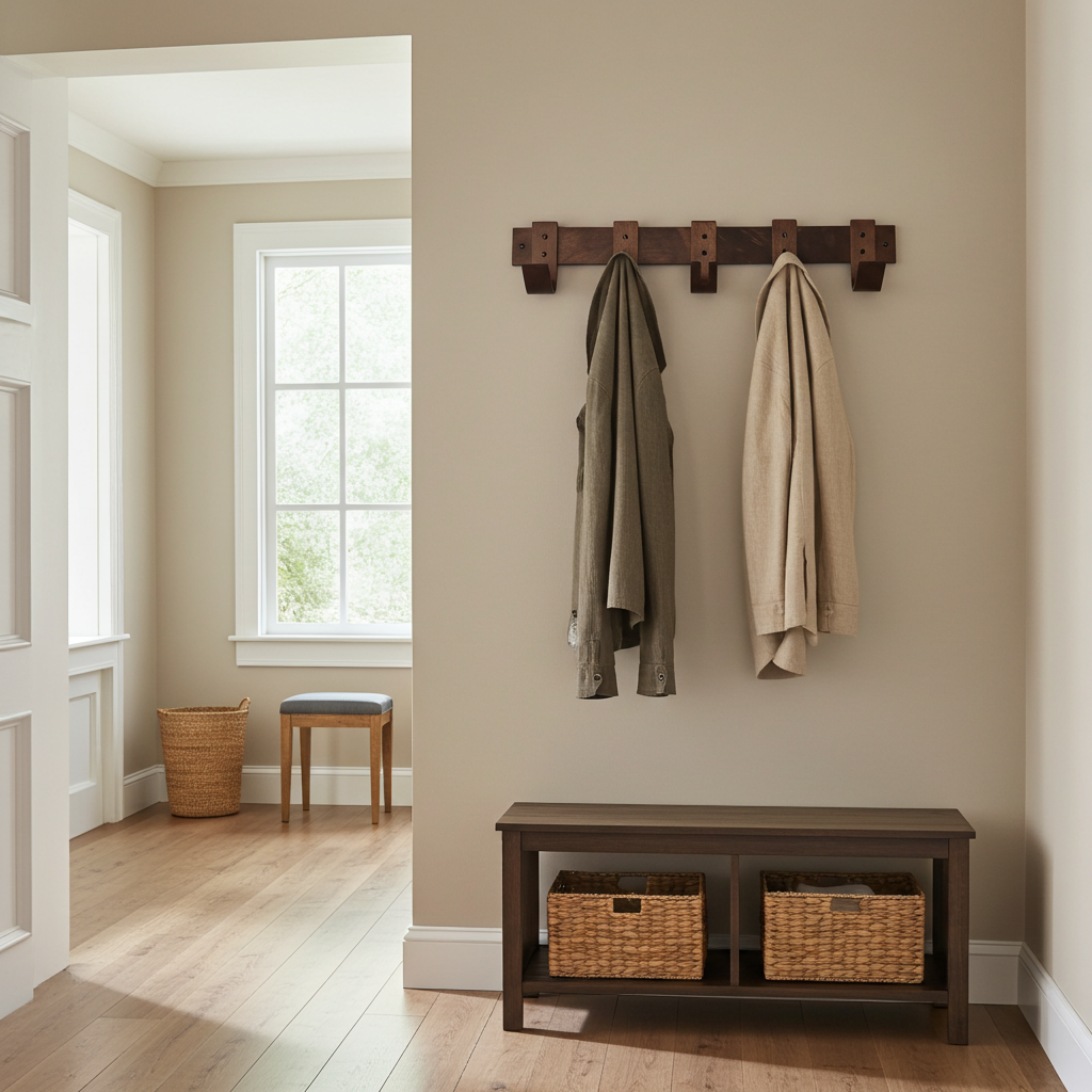 Hooded coat and beige jacket hanging on a wooden hook rack with a bench and storage baskets below.