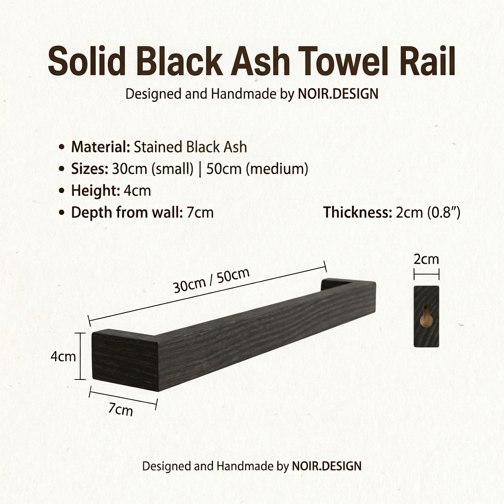 Solid Black Ash Towel Rail with dimensions and material details on a white background