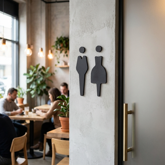 Restroom door sign with male and female symbols in a cafe setting