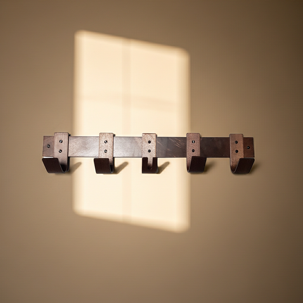 Wooden wall hook rack on a beige wall with soft shadow