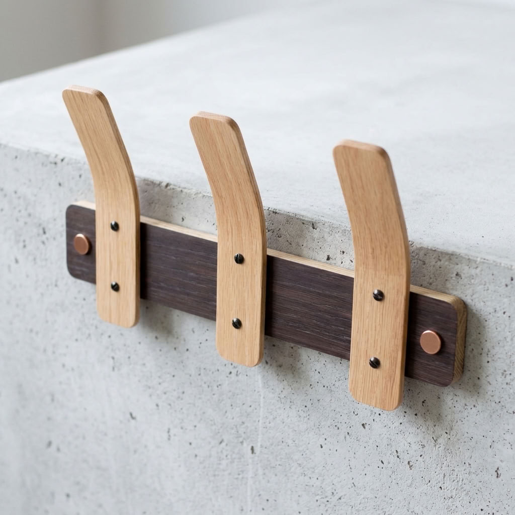 Side view of a steam-bent oak coat rack with three curved hooks, black screws and copper end caps on a cream wall.
