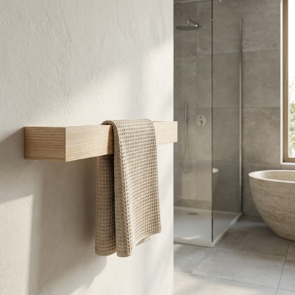 Bathroom with wooden towel rack and beige towel, shower, and bathtub in the background.