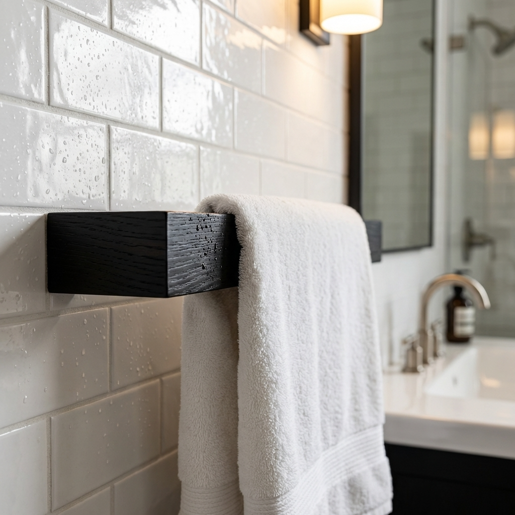 White towel hanging on a black towel rack against a tiled bathroom wall.