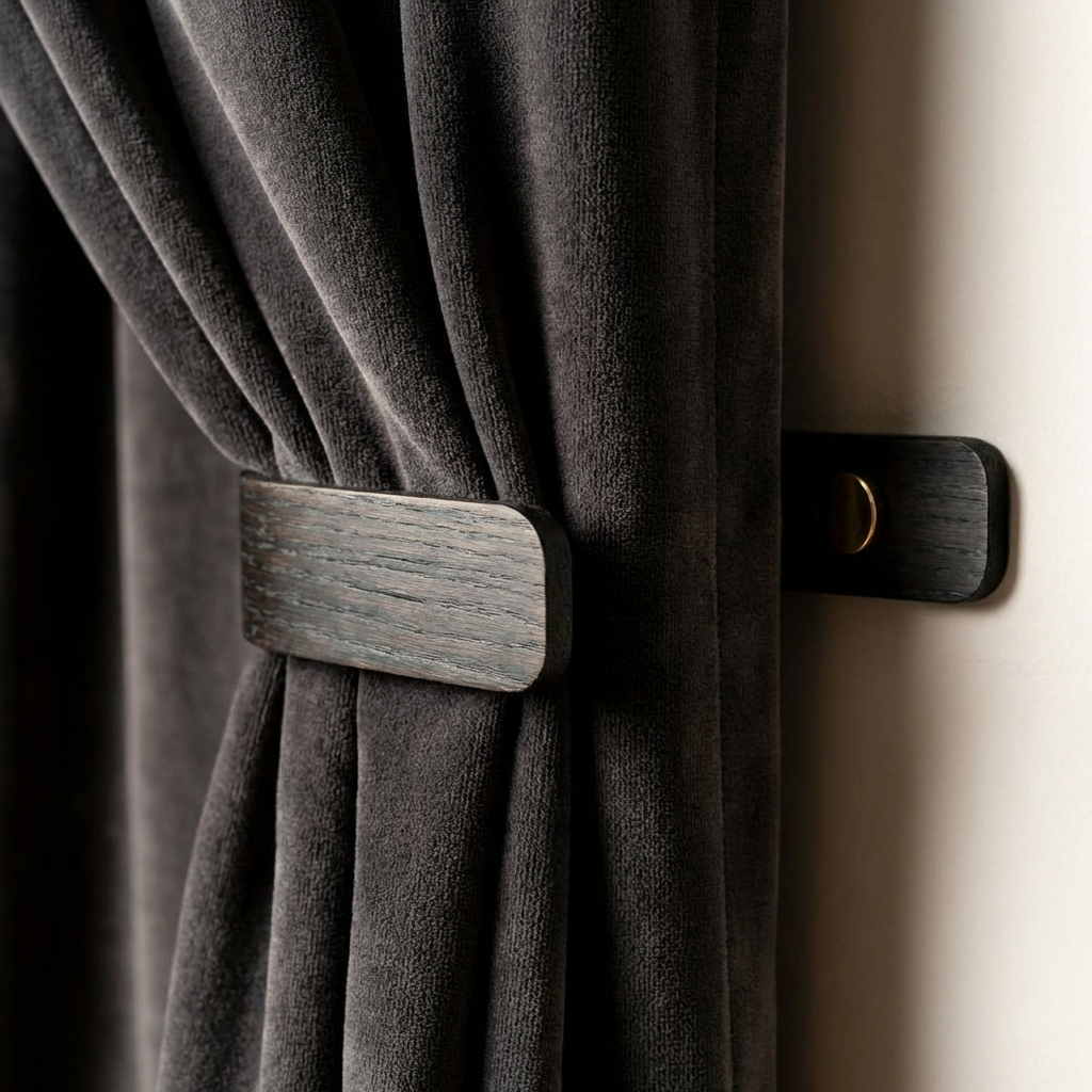 Close-up of a gray curtain with wooden tieback against a neutral wall.