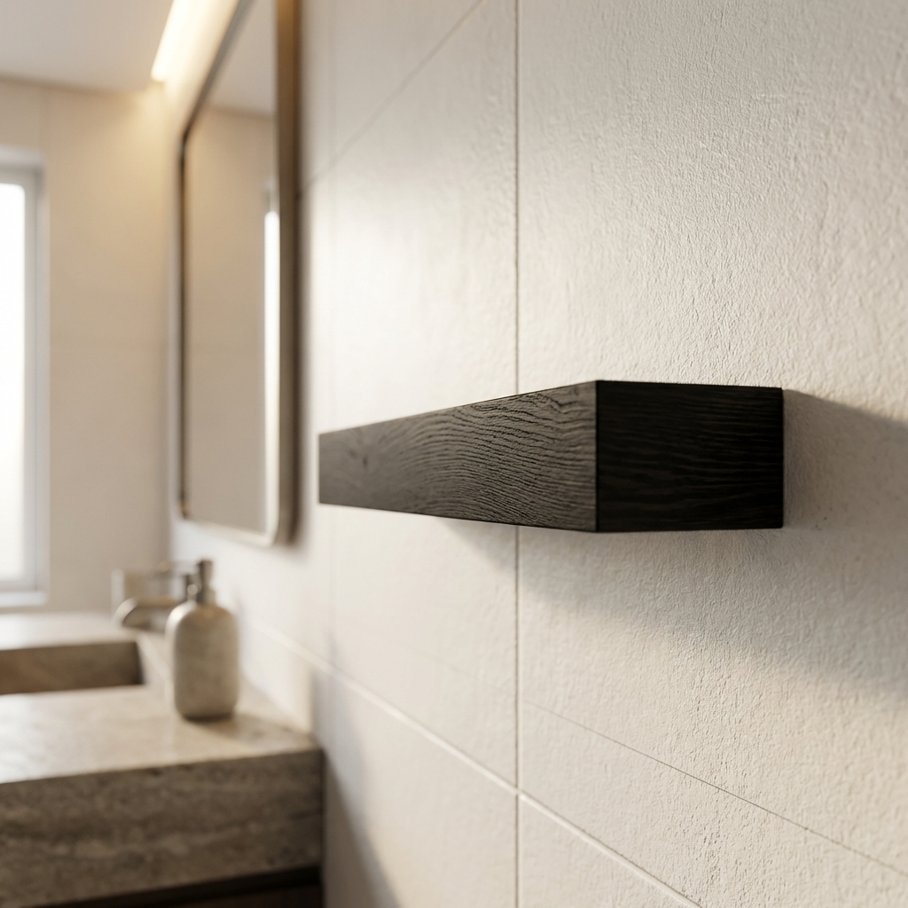 Modern bathroom with a black Towel Rack on a tiled wall.