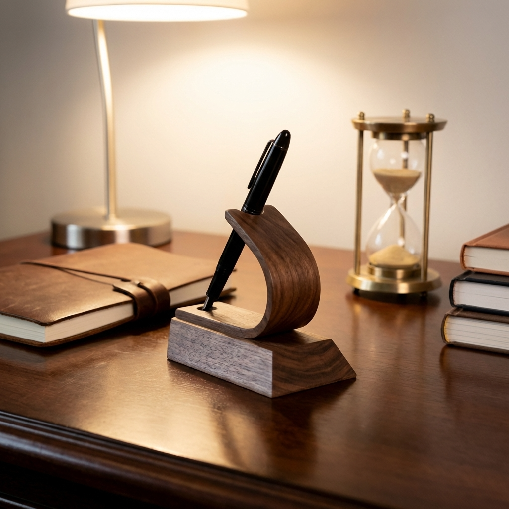Wooden pen holder with a pen on a desk next to books and an hourglass in the office