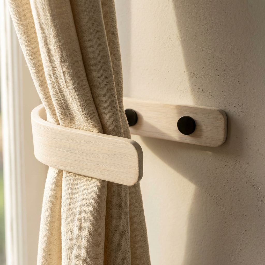 Beige curtain with a wooden tie-back against a light wall