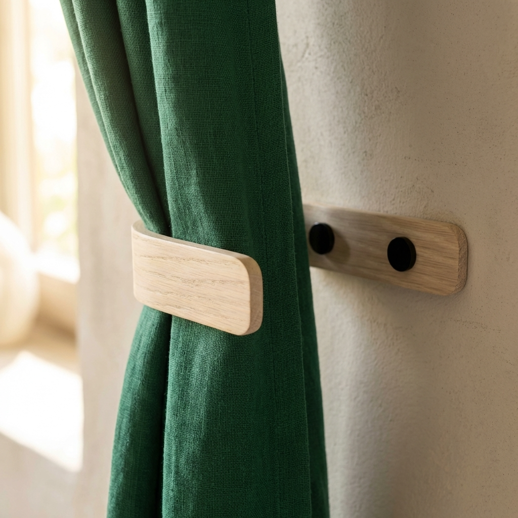 Green curtain with wooden tieback against a neutral wall