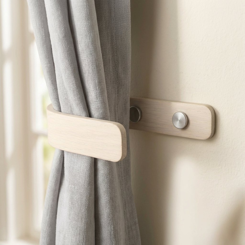 Wooden curtain tieback with metal clip attached to a gray curtain on a beige wall.