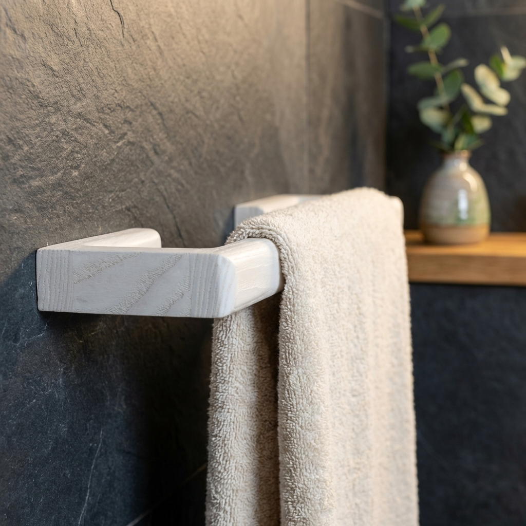 Towel hanging on a marble-textured towel rack against a dark wall.