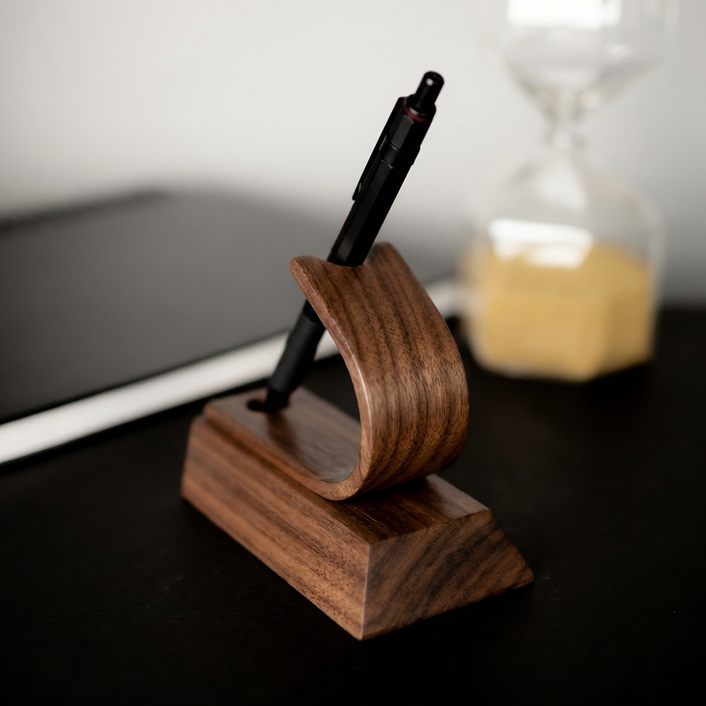 Wooden pen holder holding a Montblanc pen on a desk