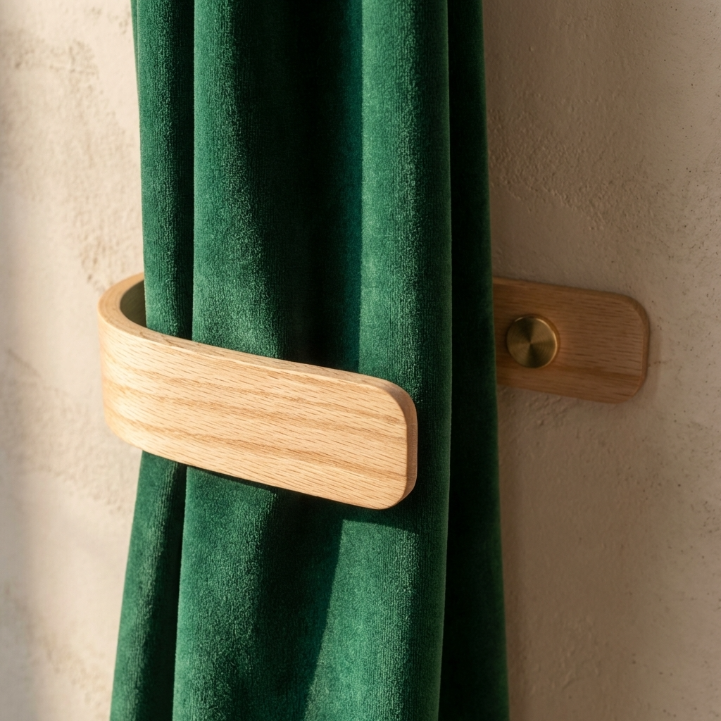 Wooden curtain holder on a green curtain against a beige wall