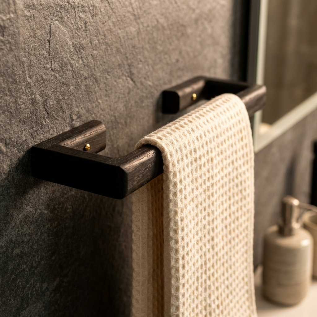 Black towel rack with a beige towel against a gray wall.