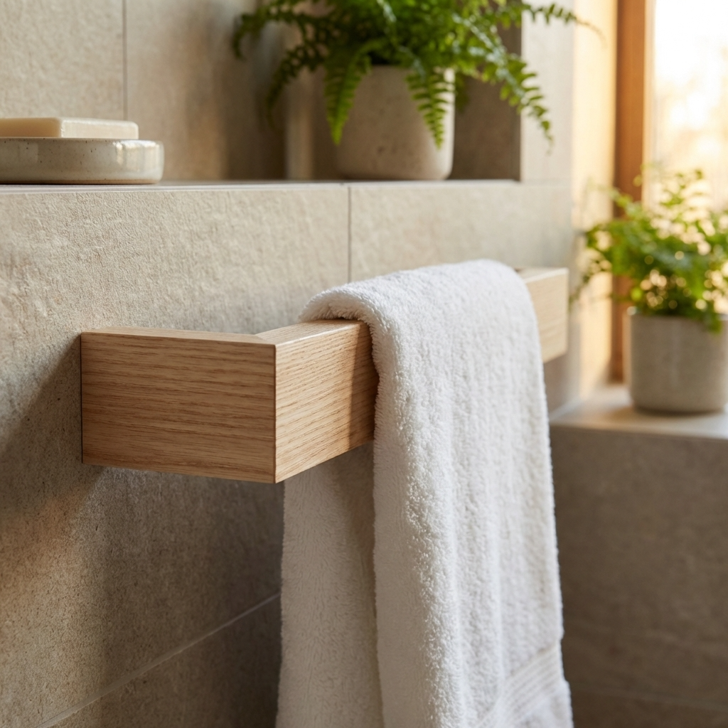 White towel hanging on a wooden towel rack in a bathroom with plants and a mirror.