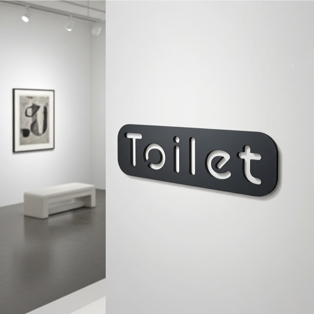 Modern interior with a 'Toilet' sign on a white wall.