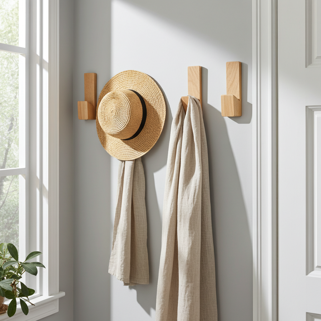 Wooden towel hooks on a white wall with a hat and towel hanging from them, next to a window.