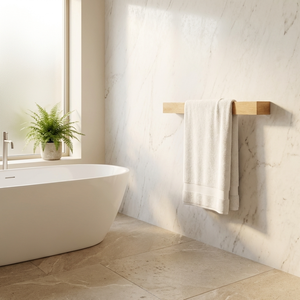 Oak towel rail in rustic-modern bathroom, handcrafted luxury accessory