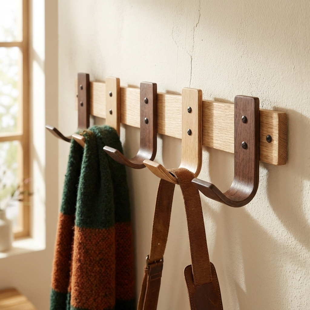 Oak coat rack with mixed hooks in hallway holding coats and accessories