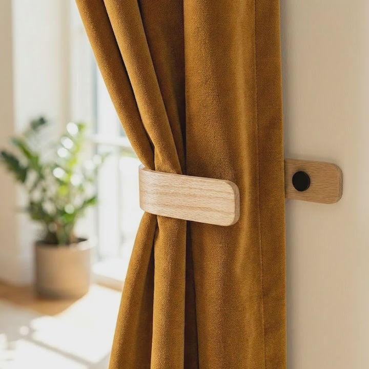 contemporary solid oak curtain holdbacks