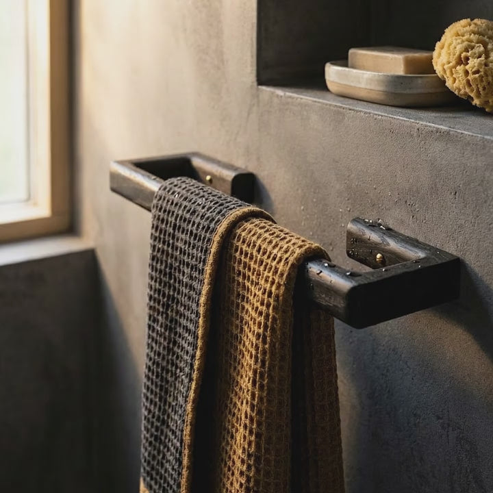 Luxury Oak towel rail in a modern bathroom - black finish 